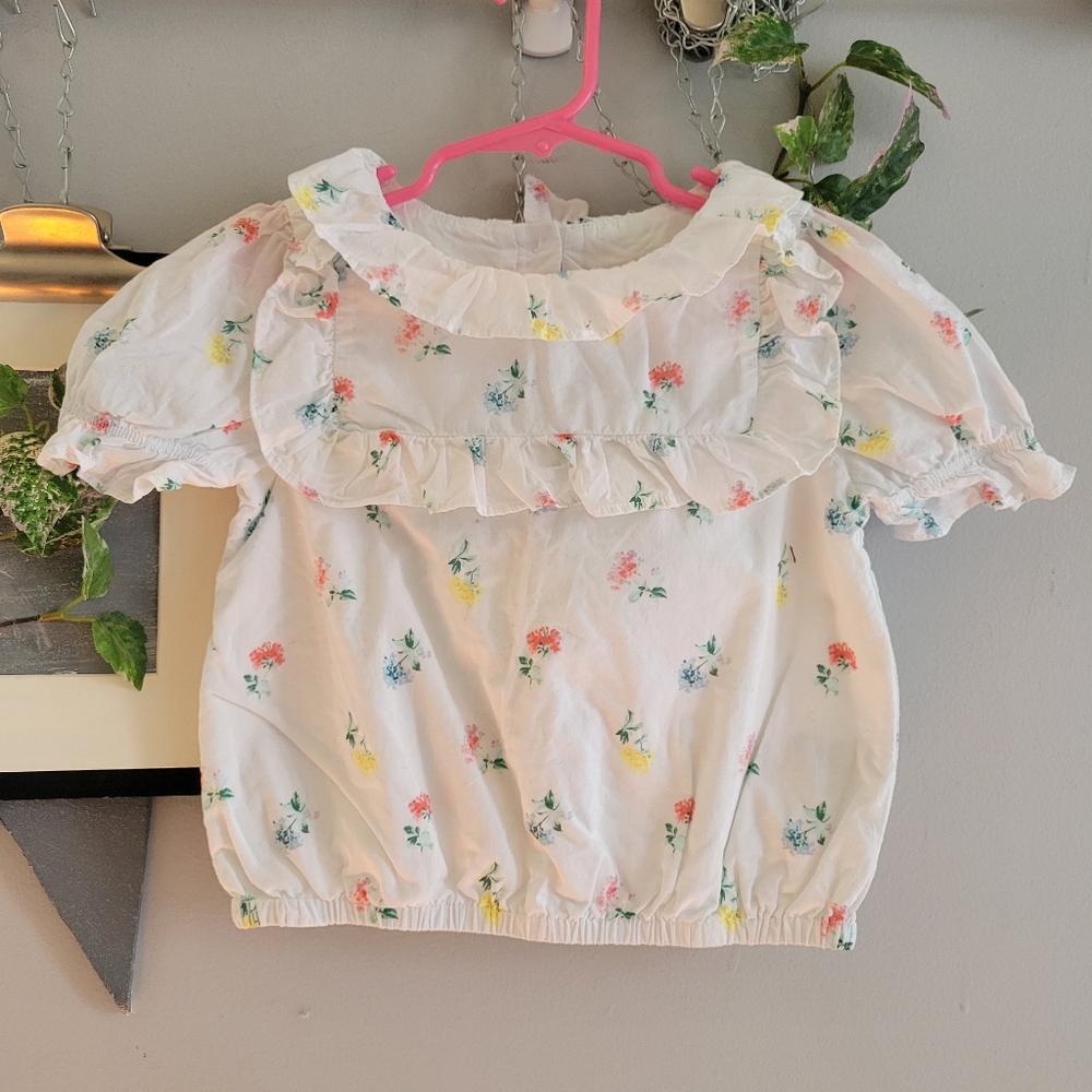 Jack & Janie Girl's Ditsy‎ Floral Puff Sleeve Spring Poplin White Top 6 - Picture 2 of 11
